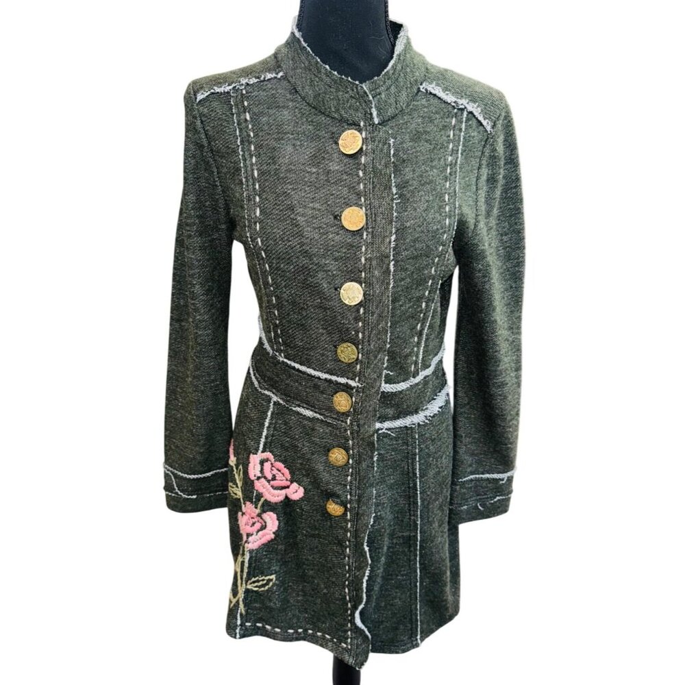 Marese Steampunk Embroider Floral Military Coat Jacket M Grey Rose Floral Cotton